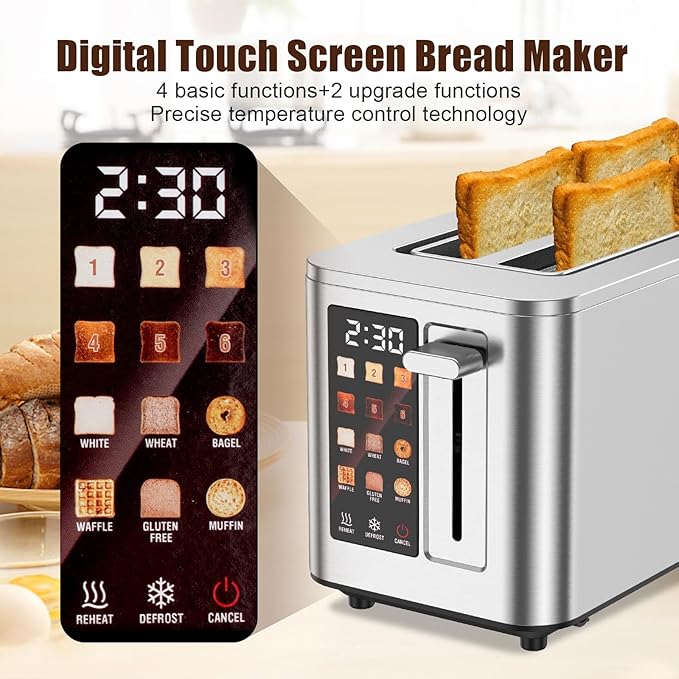 Touch Screen Toaster 2 Slice, Stainless Steel Toasters Digital Timer 2 Slot - Image 5