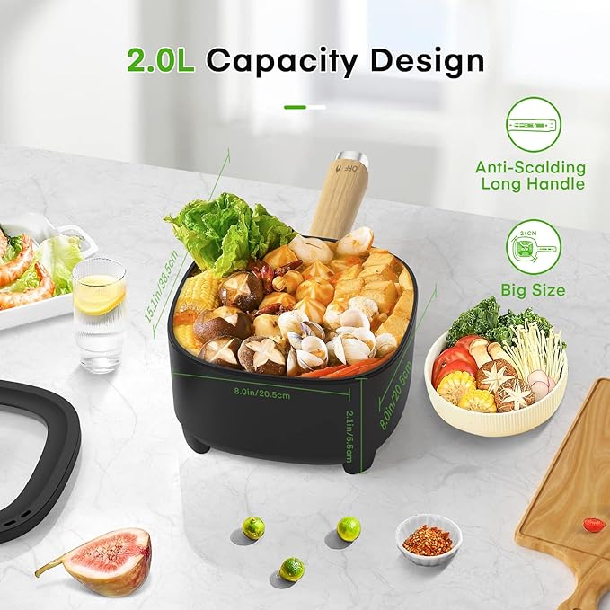 Audecook Hot Pot Electric 2L, Cermic Glaze Non-Stick Frying Pan 8 Inch - Image 4