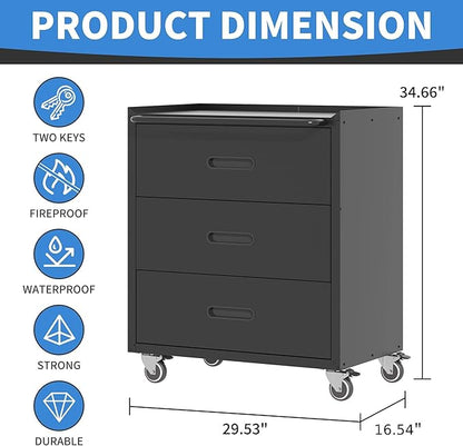 Metal Storage Cabinet with Wheels, Garage Storage Cabinet with 3 Drawers - Image 3