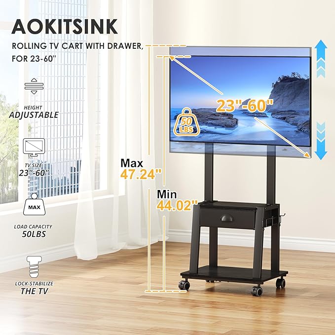 Mobile TV Stand with Drawer for 23-60 Inch Flat/Curved Screen, Tilt Rolling TV - Image 6