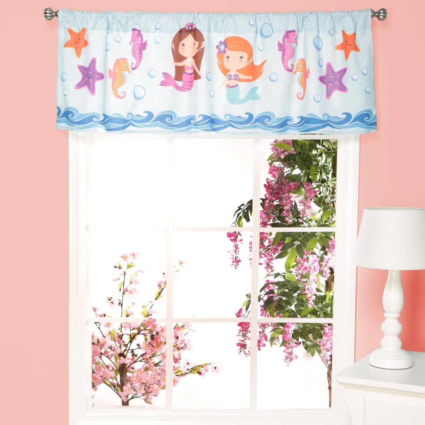 EVERYDAY KIDS Mermaid 60x15” Coastal Print Window Valance for Toddler, Baby and Young Girls Bedrooms Window Décor Treatment in Turquoise, Blue, Purple and Orange