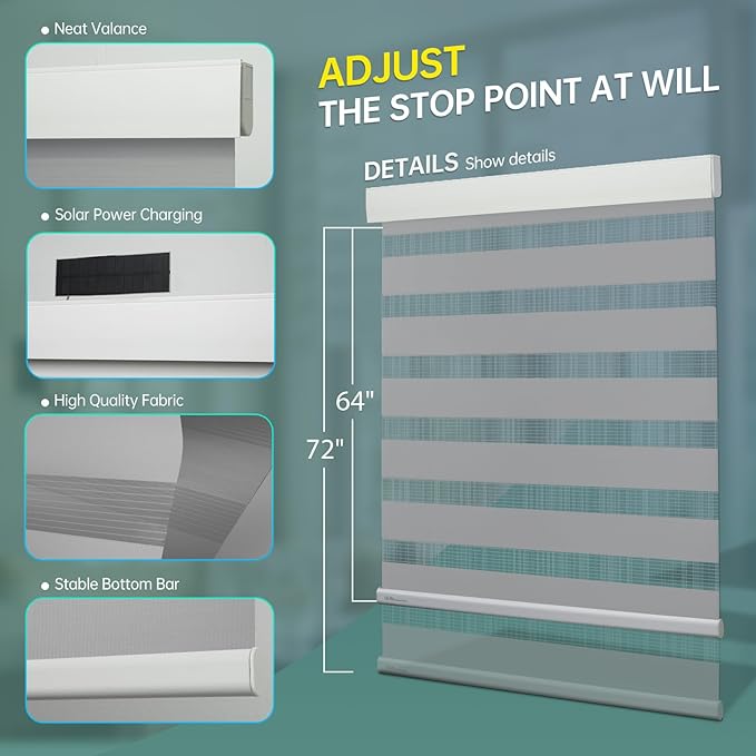 DENFOON Motorized Zebra Blinds, Solar Powered Dual Layer Automatic Shades - Image 4
