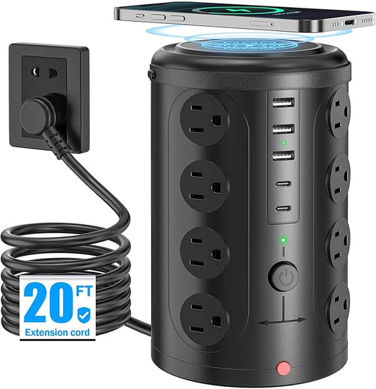 Tower Power Strip with 15W Wireless Charger, 20FT Extension Cord, 16 AC Outlets by Unknown