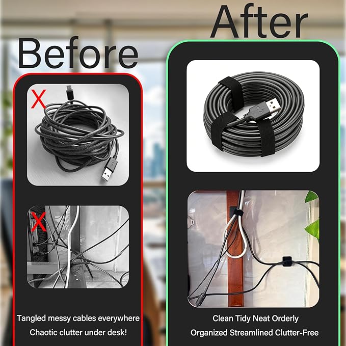 Under Desk Cable Management, Adjustable Hook and Loop Cord Ties, Reusable Wire - Image 2