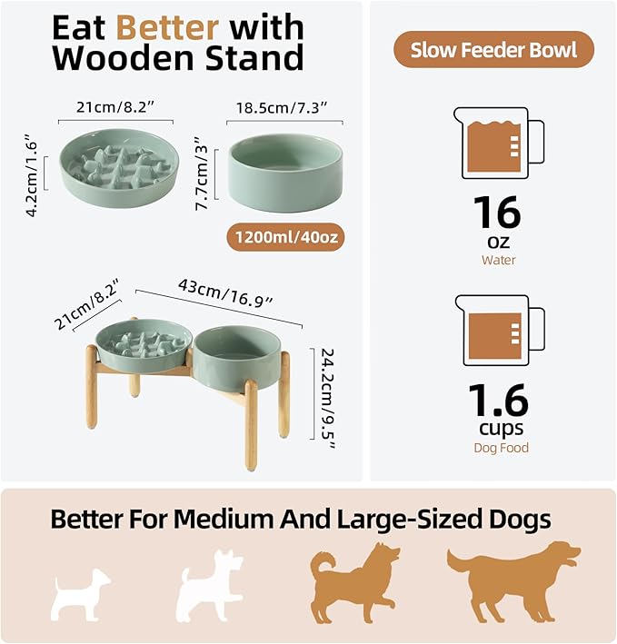 Ceramic Raised Slow Feeder Dog Bowl Set, Elevated 7.3inch Bowl and 8.2inch Slow - Image 2