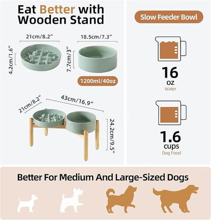 Ceramic Raised Slow Feeder Dog Bowl Set, Elevated 7.3inch Bowl and 8.2inch Slow - Image 2