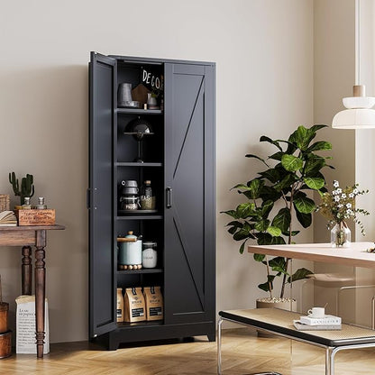 Black Tall Farmhouse Metal Pantry Linen Storage Cabinet and Organizers - Image 2