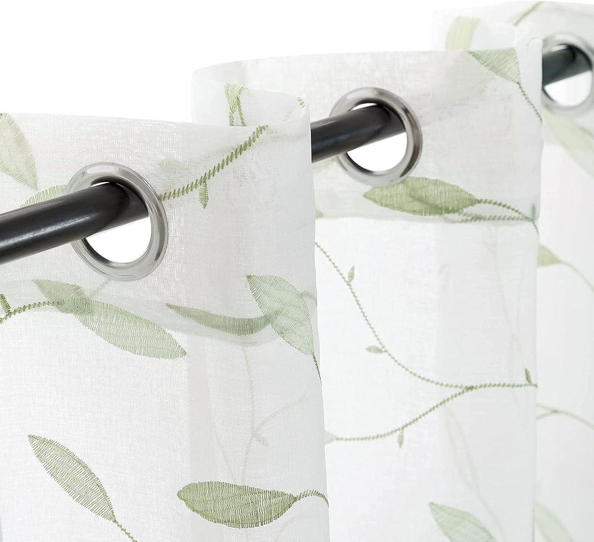 Embroidered Sheer Curtains Floral Leaf White Sheer Curtain for Bedroom Living Room Kitchen Rustic Voile Drapes Privacy Window Treatment Set of 2 Panels 96 Inches Long Grommet Top Green on White