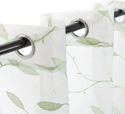 Embroidered Sheer Curtains Floral Leaf White Sheer Curtain for Bedroom Living Room Kitchen Rustic Voile Drapes Privacy Window Treatment Set of 2 Panels 96 Inches Long Grommet Top Green on White