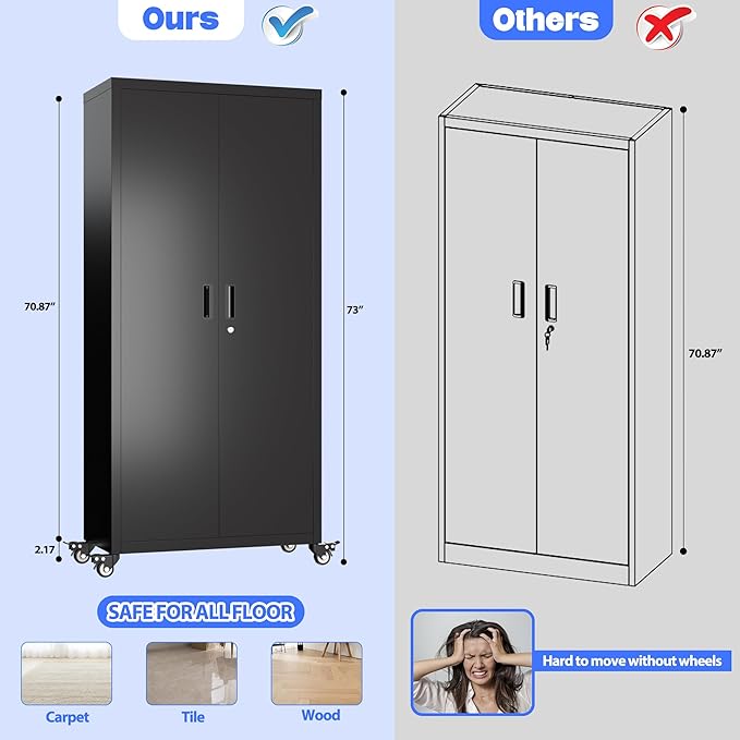 Garage Storage Cabinet with Wheels, Metal Storage Cabinet with 4 Adjustable - Image 3