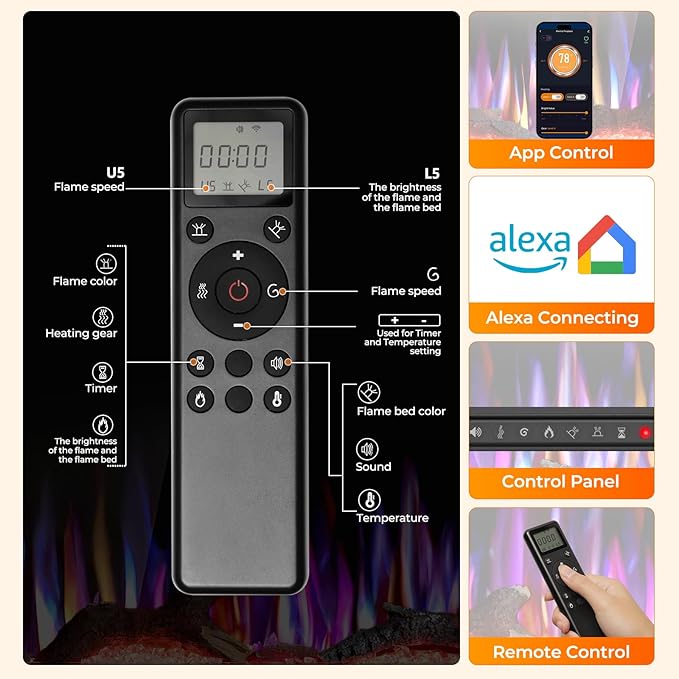 R.W.FLAME 36" Recessed and Wall Mounted Smart Electric Fireplace, Alexa/WiFi - Image 4