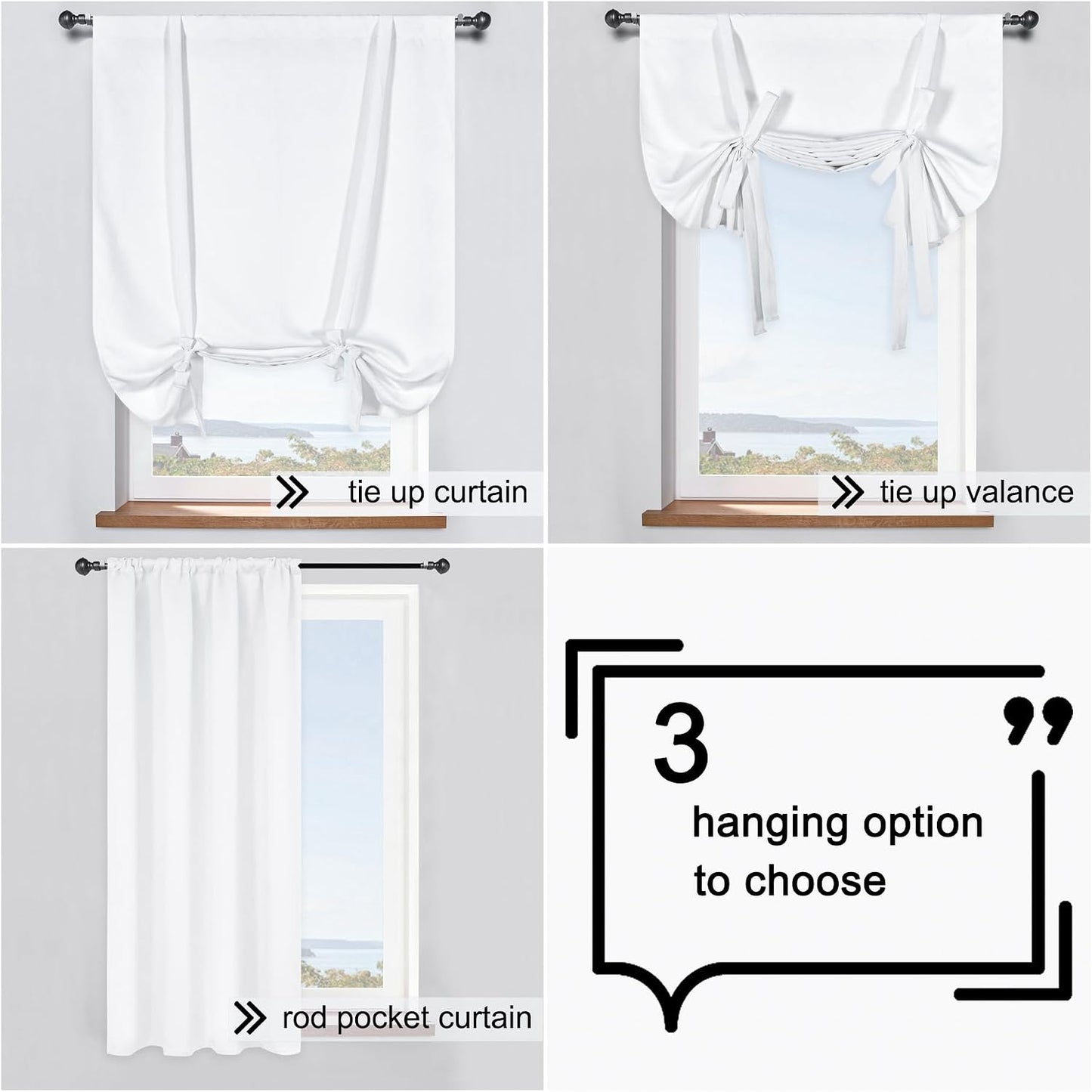 Pure White Balloon Shades Room Darkening Kitchen Window Curtain - Adjustable Thermal Insulated Tie Up Curtain Panel for Bathroom (34 W x 45 inches Long,1 Panel)