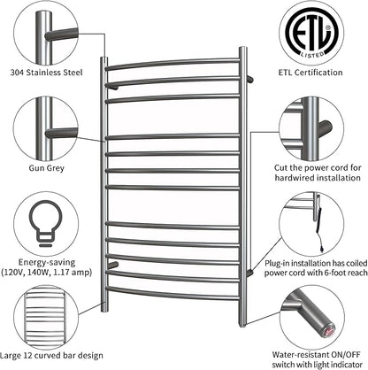 HEATGENE Towel Warmer Gun Grey, Electric Hot Towel Rails, Wall-Mounted Large 12 - Image 2
