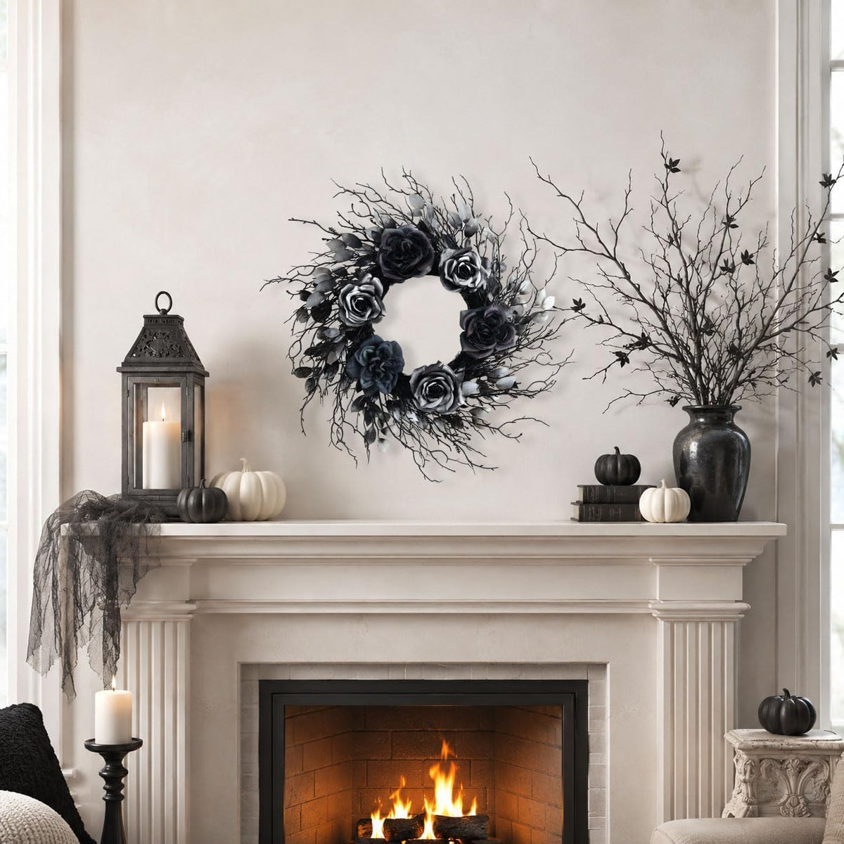 22 Inch Black and Silver Halloween Wreath with 40 Orange LEDs
