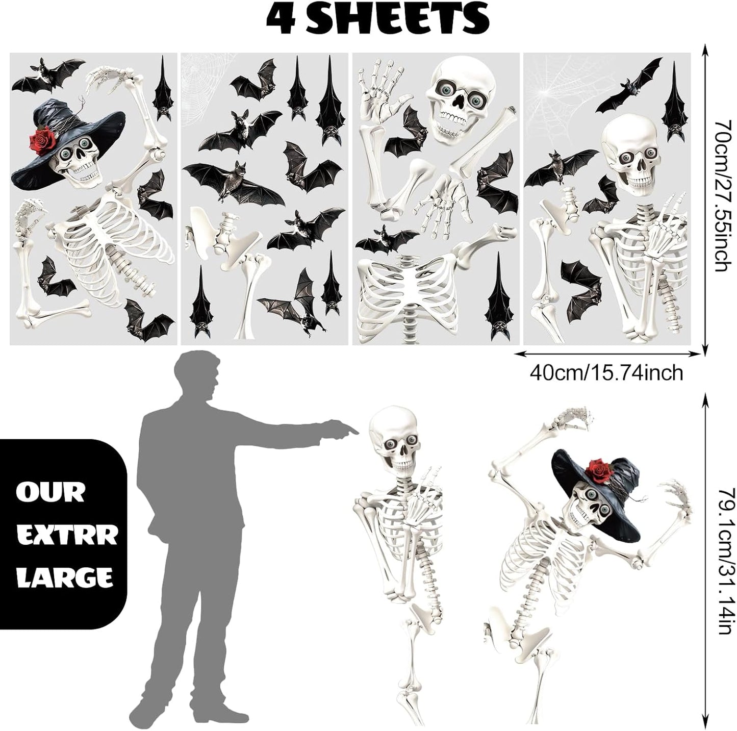 Large Halloween Window Clings, Skeleton Window Stickers Double-Sided Home Bats Sticker Decals Extra Large Halloween Decorations Indoor Outdoor Room Glass Party Decor