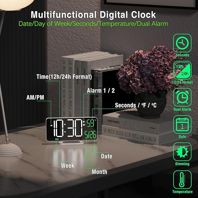 KOSUMOSU Digital Clock for Bedroom, 6.7" Desk Clock LED - Image 5