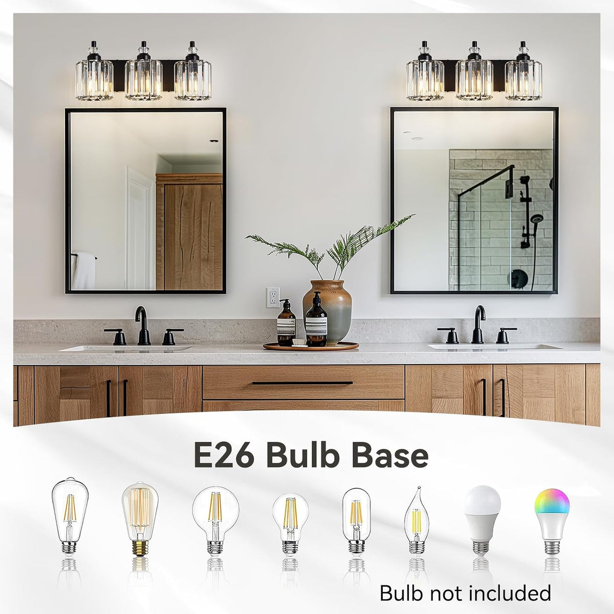 3-Light Black Bathroom Light Fixtures Over Mirror Modern Vanity Lights Crysta...