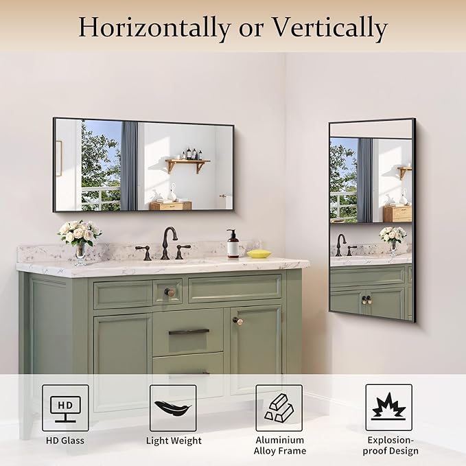 Black Bathroom Mirror for Wall, 20x40 Inch Rectangle Mirror - Image 4