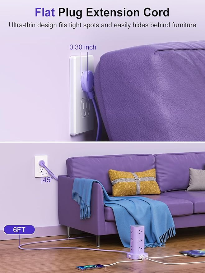 Power Strip Tower with Multiple Outlets, Flat Plug Surge Protector Tower - Image 3