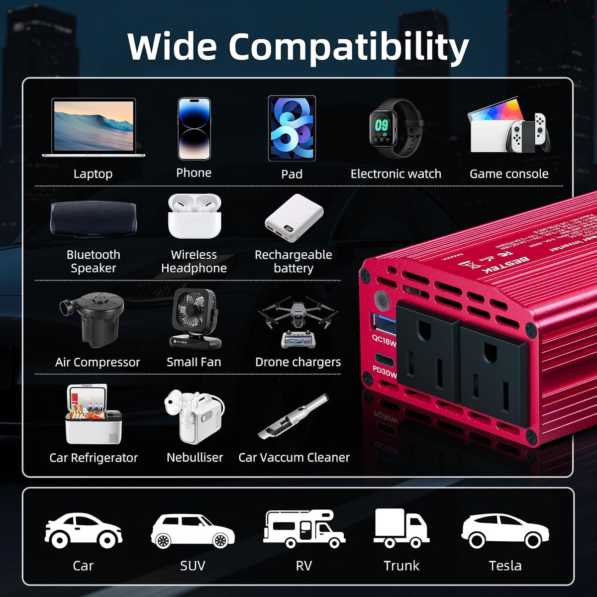 BESTEK 400W Car Power Inverter 12V to 110V Car Charger Plug Adapter[Red]