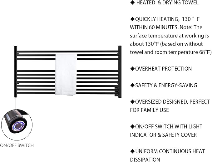 HEATGENE Towel Warmer 10 Bar Towel Dryer Wall-Mounted Plug-in Bath Towel Heater - Image 4
