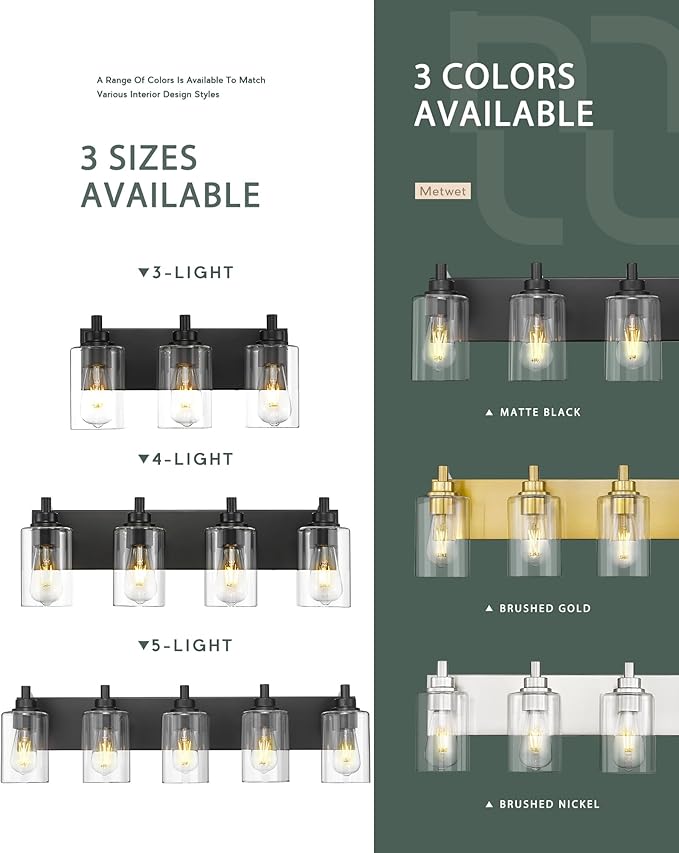 METWET 3-Light Bathroom Light Fixtures, Modern Vanity Lighting Fixtures Over - Image 7