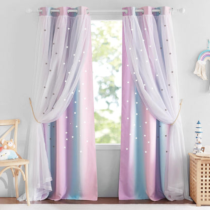 NICETOWN Curtains for Girls Bedroom Kids Curtain Star Cutout Rainbow Curtain for Girls Room Decor Window Nursery Curtain 84 inches Long Grommet, 2 Panels, W42 x L84, Purple & Blue & Pink