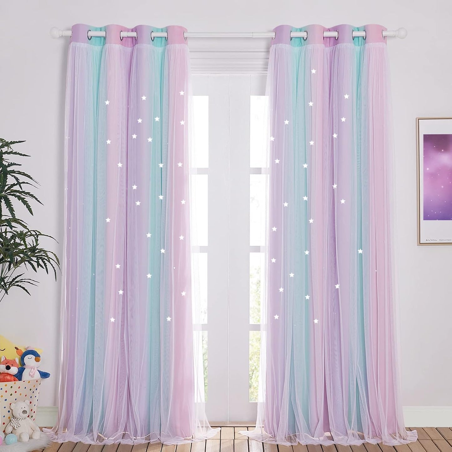 NICETOWN Baby Room Decor, White Gauze & Blackout Drapes Assembled, Star Cut Romantic and Colorful Curtains with Versatile Styling Options for Birthday Party (Blue & Purple & Pink, Each is W52 x L84)