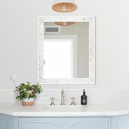 Tanmicoshomy 30 x 36 Inch White Rectangle Wall Mirror, Natural Shell Framed - Image 2