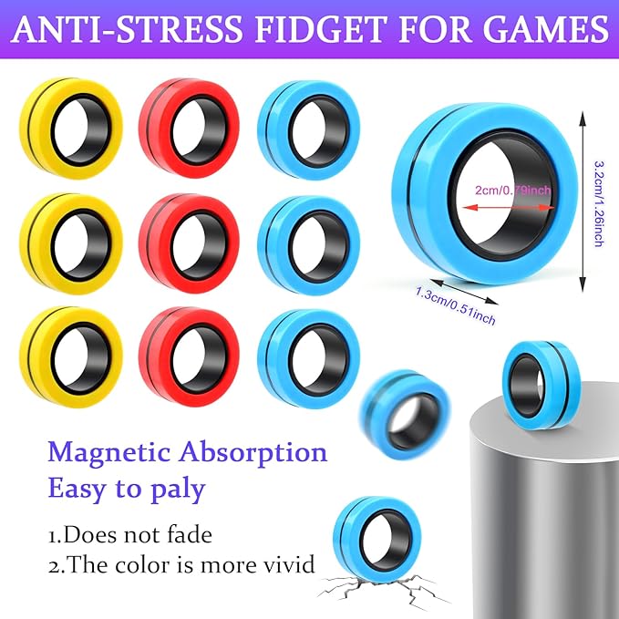 Cevioce 9 PCS Magnetic Ring Fidget Toys Set, ADHD Anxiety Magnetic Finger - Image 3
