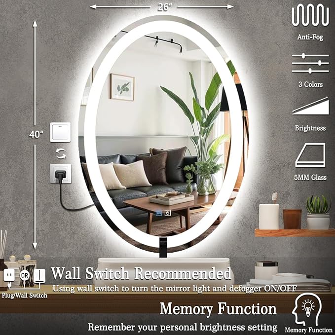 26 x 40 Inch Oval LED Vanity Mirror - Image 6