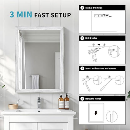 White Wood Effect Framed Wall Mirror, 22x30 Rectangle Mirror, 1/8" - Image 6