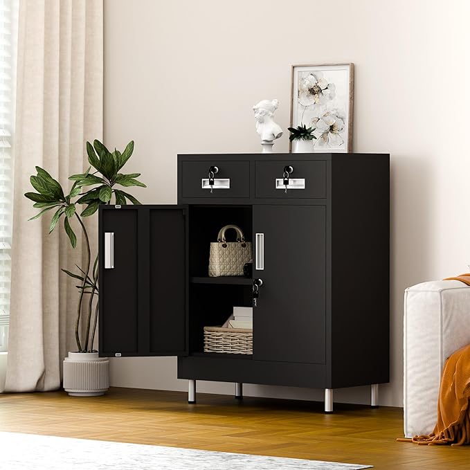 Metal Storage Cabinet with Locking Doors and 2 Drawers, Lockable Storage - Image 2
