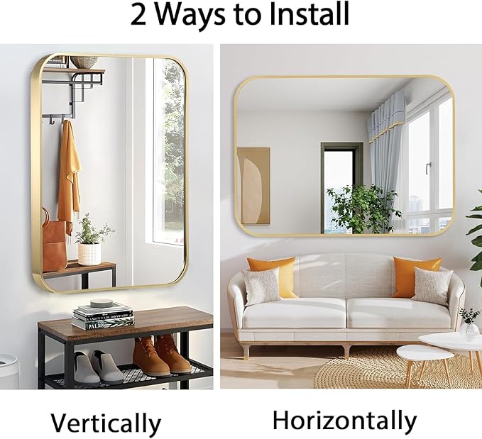 24x32 Inch Gold Bathroom Mirror, Brushed Gold Metal Framed Rectangular Mirror - Image 6