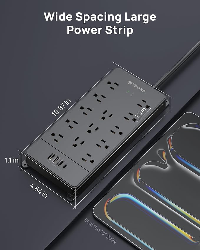 TROND Surge Protector Power Strip, 360° Rotating Flat Plug, 13AC Widely Spaced - Image 8