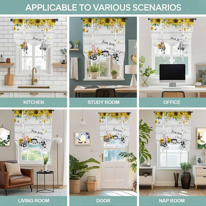 Sunflowers Tie Up Curtains for Window, Spring Botanical Truck Pig Wooden Grain Thermal Insulated Balloon Shade Adjustable Rod Pocket Curtains Valance Panels for Kitchen Bathroom Café 42'' x 63''