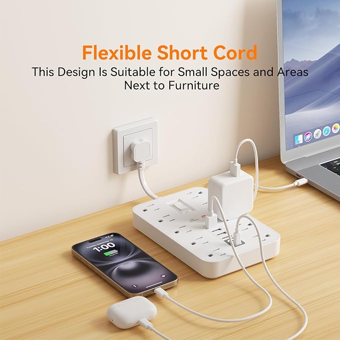 Short Extension Cord with USB and USBC Ports, Flat Outlet Extender with 10 AC - Image 8