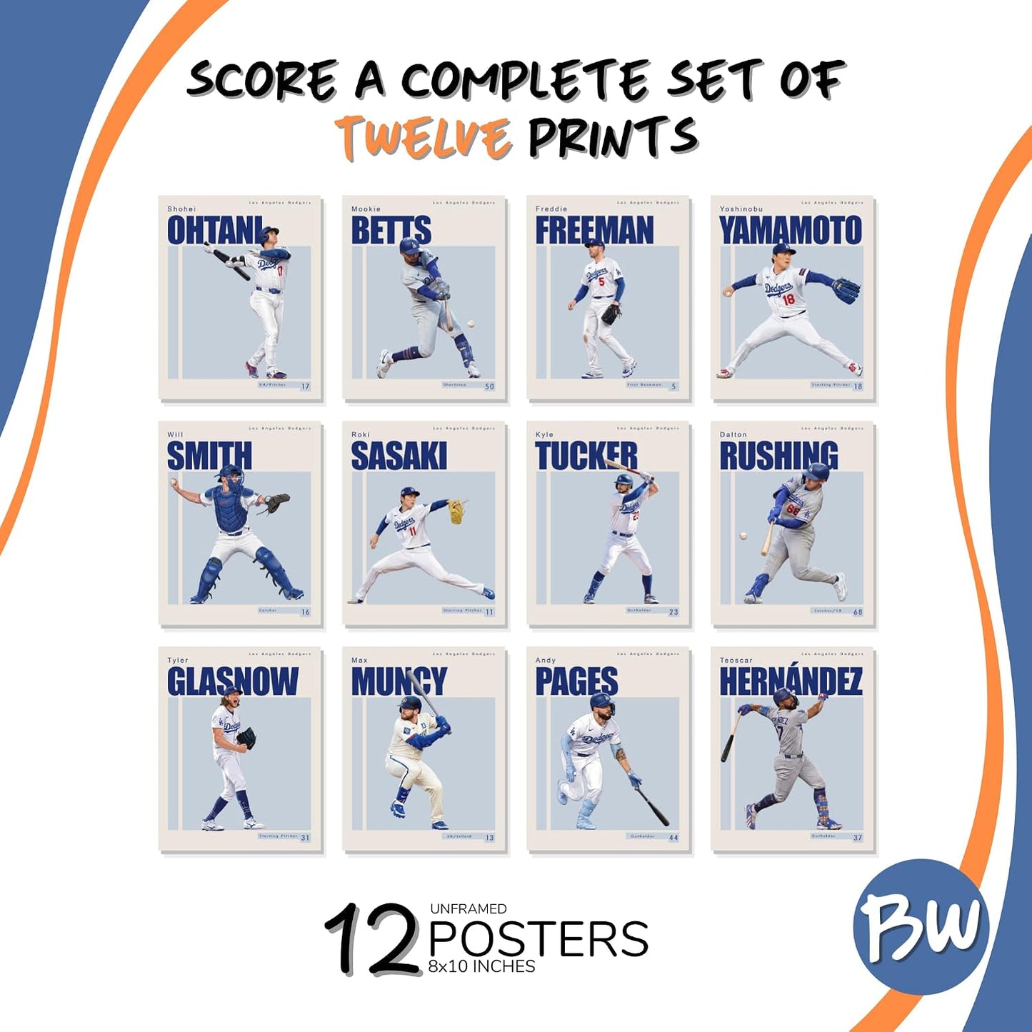BigWig Prints LA Dodgers Baseball Player Posters, Set of 12, 8x10 in | Includes 12 Dodgers Player Portraits, Great Gift for Baseball Fans, Ideal for Game Day Party Decorations, Unframed