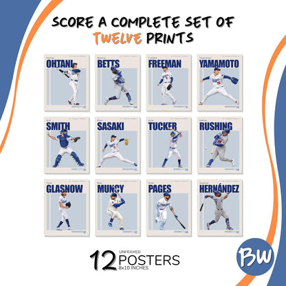 BigWig Prints LA Dodgers Baseball Player Posters, Set of 12, 8x10 in | Includes 12 Dodgers Player Portraits, Great Gift for Baseball Fans, Ideal for Game Day Party Decorations, Unframed