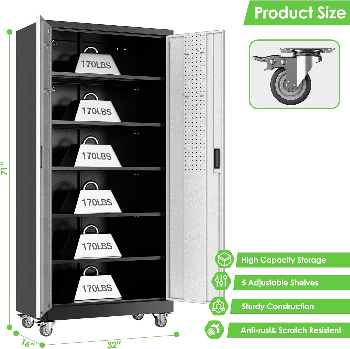Reemoon Metal Garage Storage Cabinet with Wheels, Black and Silver
