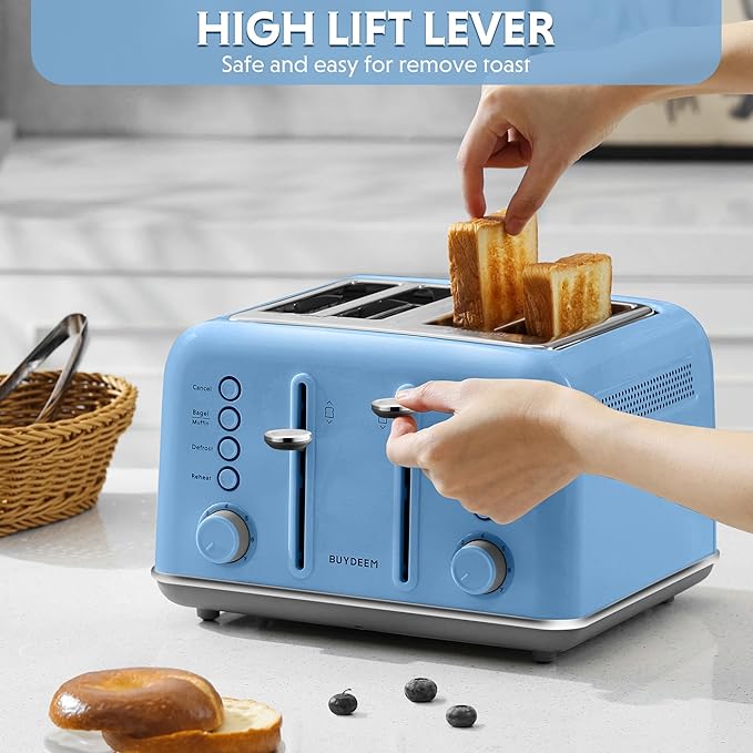 BUYDEEM DT640 4-Slice Toaster, Extra Wide Slots, Retro Stainless Steel - Image 4