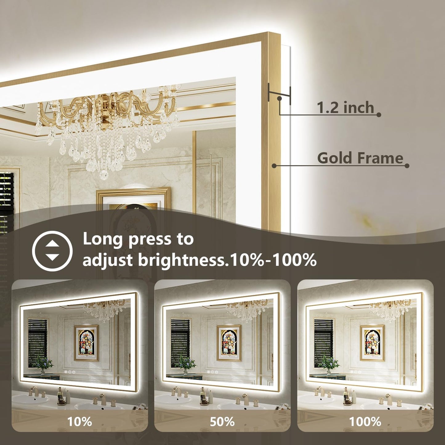 72x40 LED Bathroom Mirror with Lights, Gold Framed Lighted Mirror | Backlit and Front light, Anti-Fog, 3 Color Dimmable, Memory, Tempered Glass, IP54 Waterproof, UL Listed