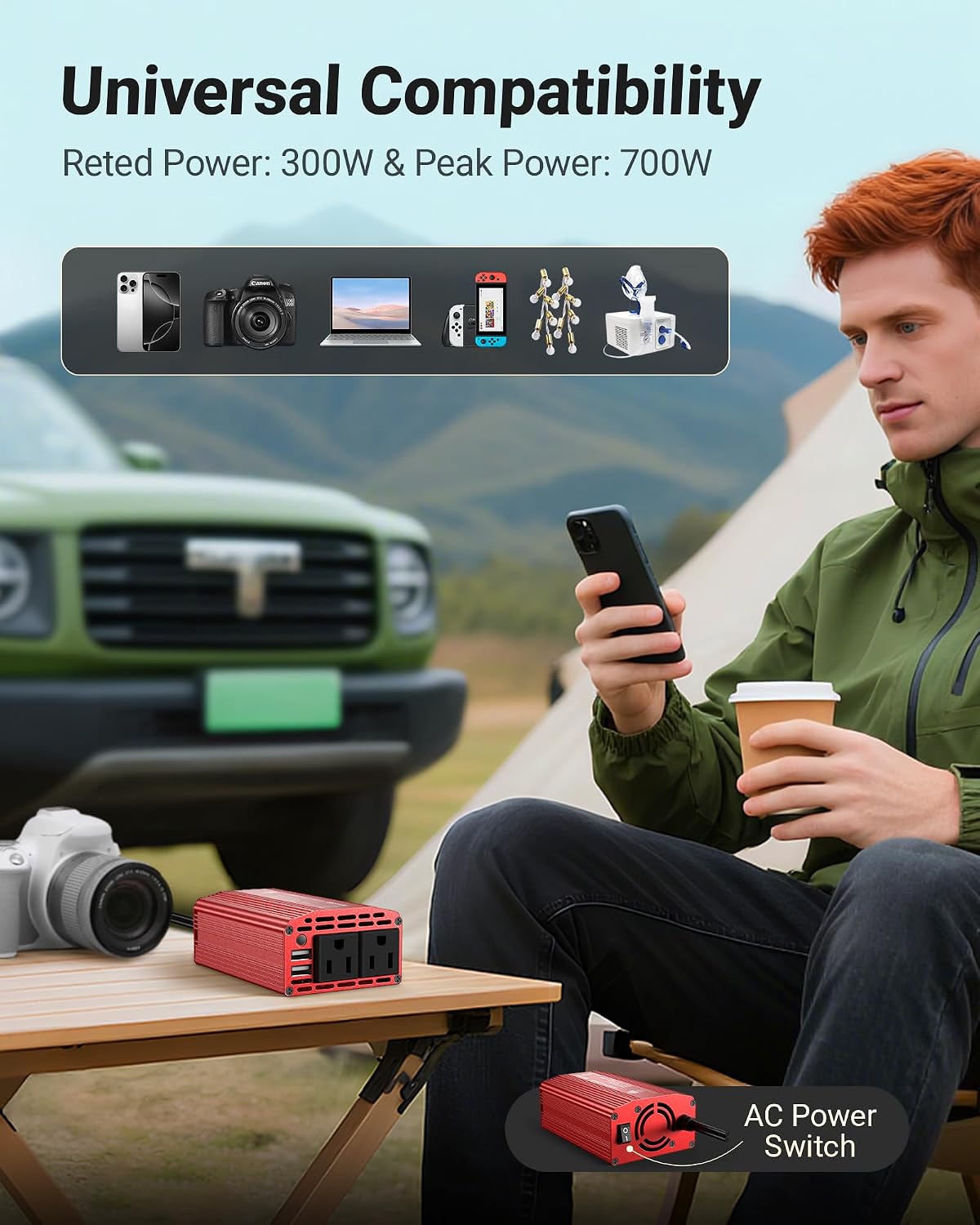 BESTEK Power Inverter DC 12-17V to AC 110V - 300W Car Plug Adapter Outlet