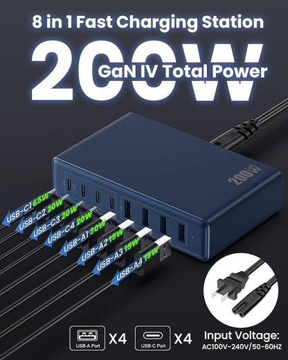 200W USB C Charger Block, GaN IV Charging Station 8 Ports, QC4.0 Fast Charging - Image 2