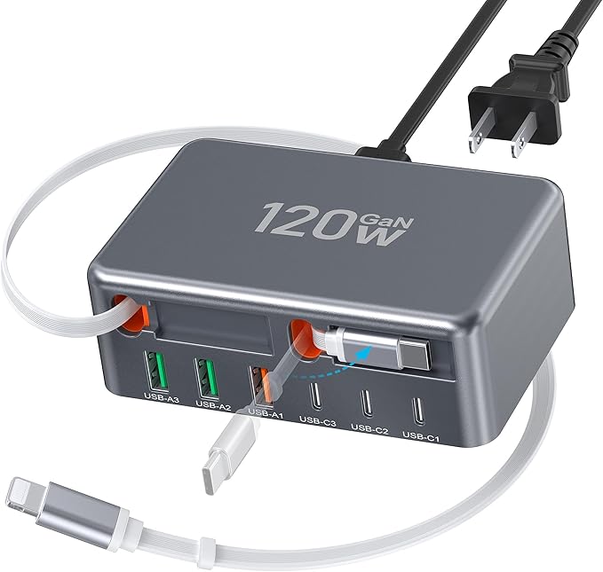 2026 Updated USB-C Fast Charging Station, 120W GaN 8-Port Retractable Charger by CSODINCE