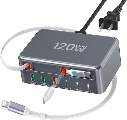 2026 Updated USB-C Fast Charging Station, 120W GaN 8-Port Retractable Charger by CSODINCE