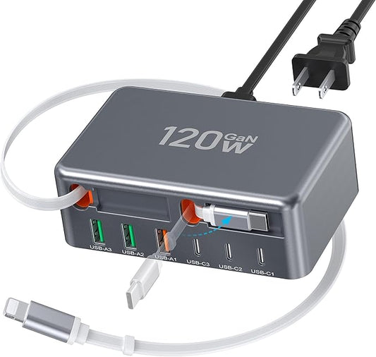 2026 Updated USB-C Fast Charging Station, 120W GaN 8-Port Retractable Charger by CSODINCE