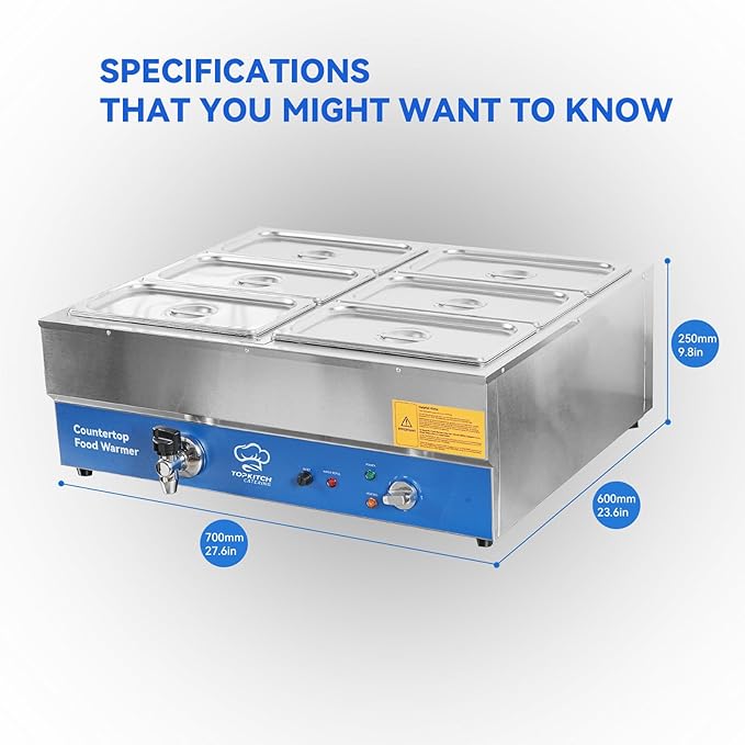 6 Pan Commercial Food Warmer, Electric Bain Marie Countertop Stainless Steel - Image 6