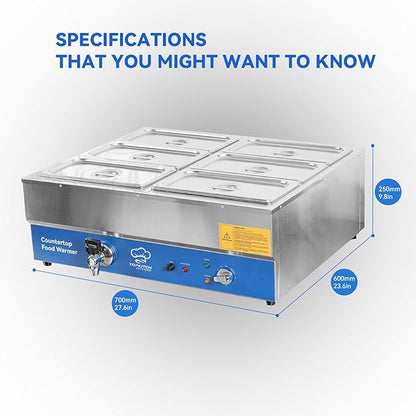 6 Pan Commercial Food Warmer, Electric Bain Marie Countertop Stainless Steel - Image 6