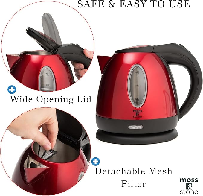 Moss & Stone 1.2L Stainless Steel Small Electric Kettle Red Color, Cordless - Image 2